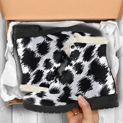 Cheetah Black Print Pattern Faux Fur Leather Boots-JTAMIGO.COM