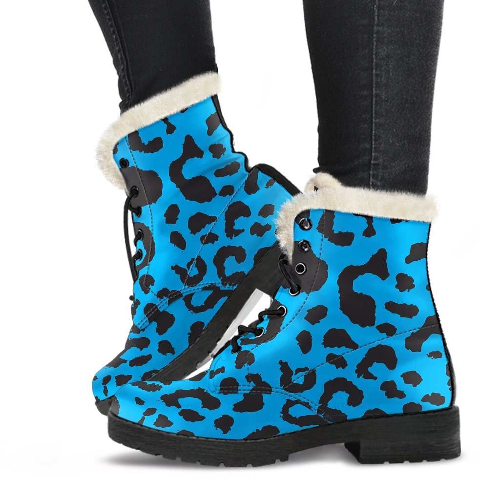 Cheetah Blue Print Pattern Faux Fur Leather Boots-JTAMIGO.COM