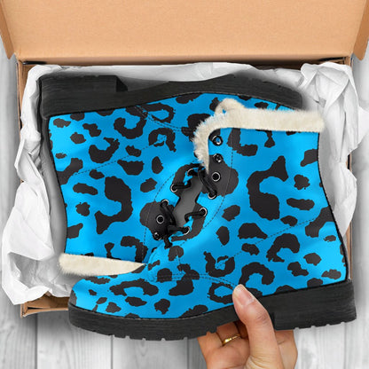 Cheetah Blue Print Pattern Faux Fur Leather Boots-JTAMIGO.COM