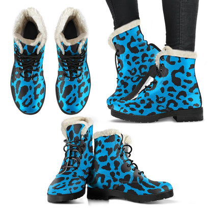 Cheetah Blue Print Pattern Faux Fur Leather Boots-JTAMIGO.COM