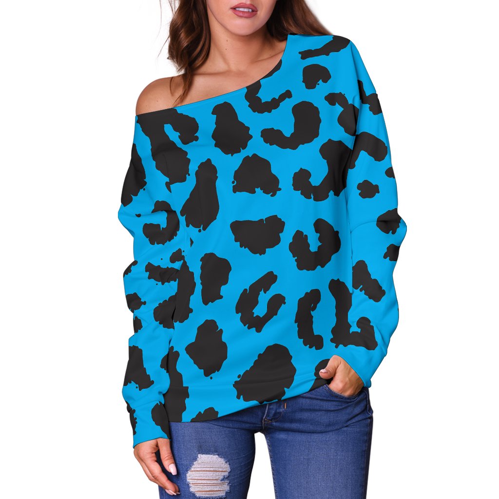 Cheetah Blue Print Pattern Off Shoulder Sweatshirt