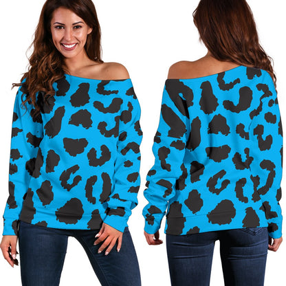 Cheetah Blue Print Pattern Off Shoulder Sweatshirt
