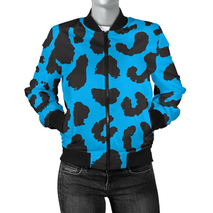 Cheetah Blue Print Pattern Women Casual Bomber Jacket