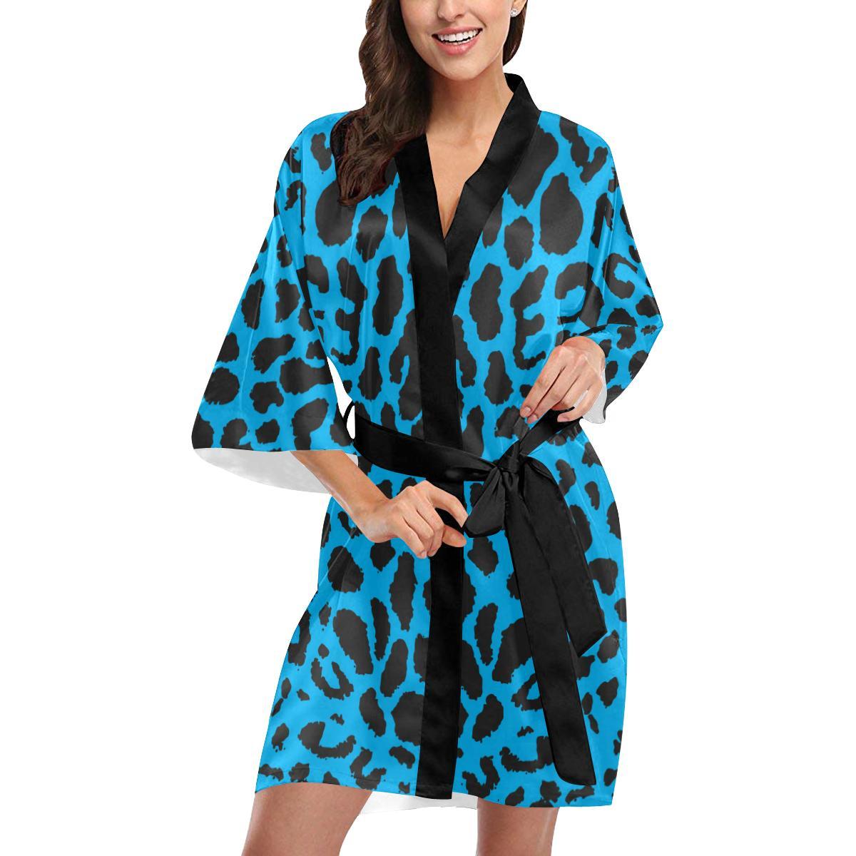 Cheetah Blue Print Pattern Women Short Kimono Robe