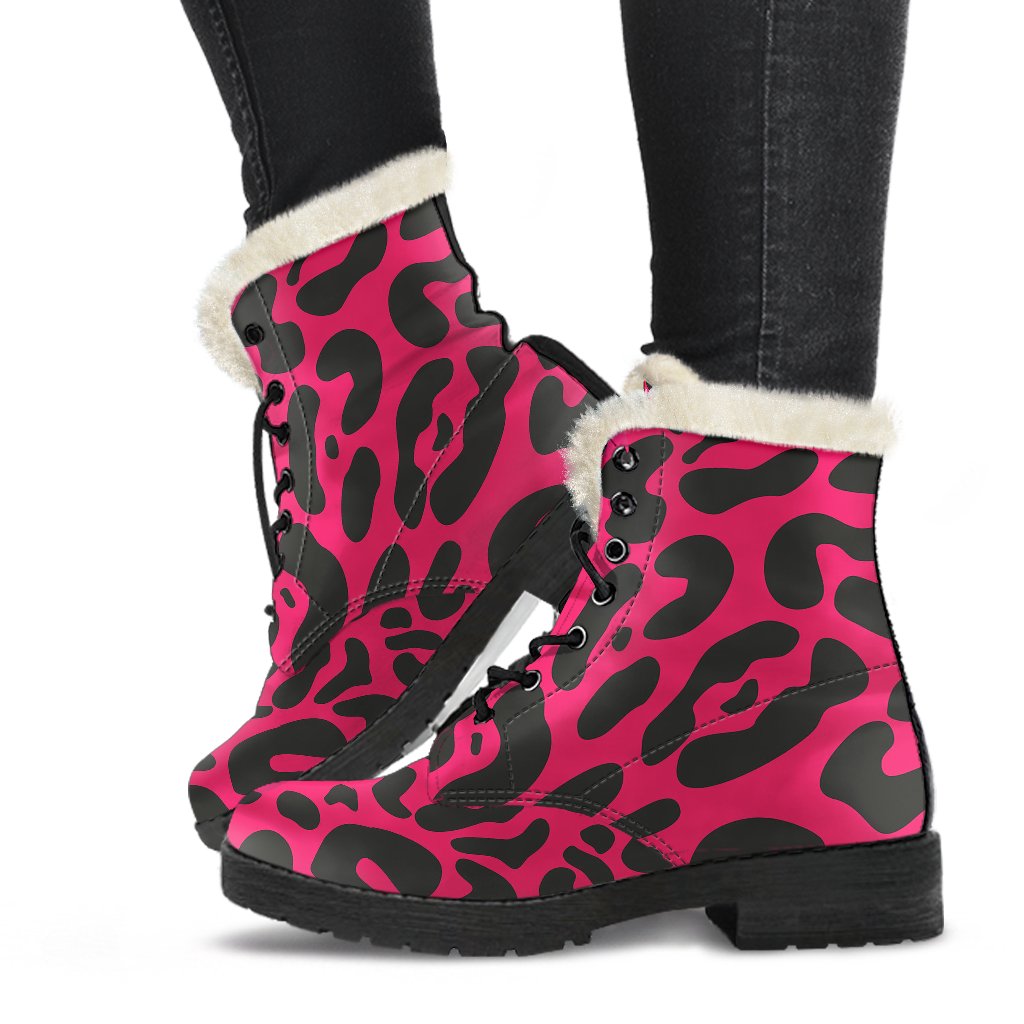 Cheetah Pink Print Pattern Faux Fur Leather Boots-JTAMIGO.COM