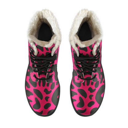 Cheetah Pink Print Pattern Faux Fur Leather Boots-JTAMIGO.COM