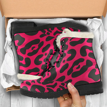 Cheetah Pink Print Pattern Faux Fur Leather Boots-JTAMIGO.COM