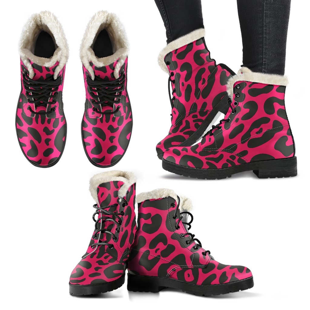 Cheetah Pink Print Pattern Faux Fur Leather Boots-JTAMIGO.COM