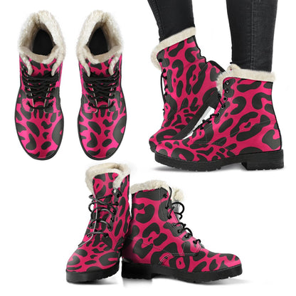 Cheetah Pink Print Pattern Faux Fur Leather Boots-JTAMIGO.COM
