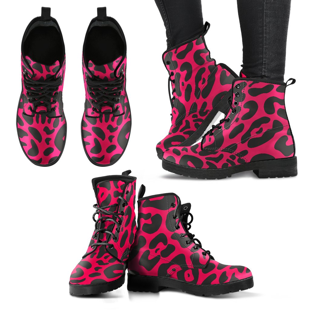 Cheetah Pink Print Pattern Women Leather Boots-JTAMIGO.COM