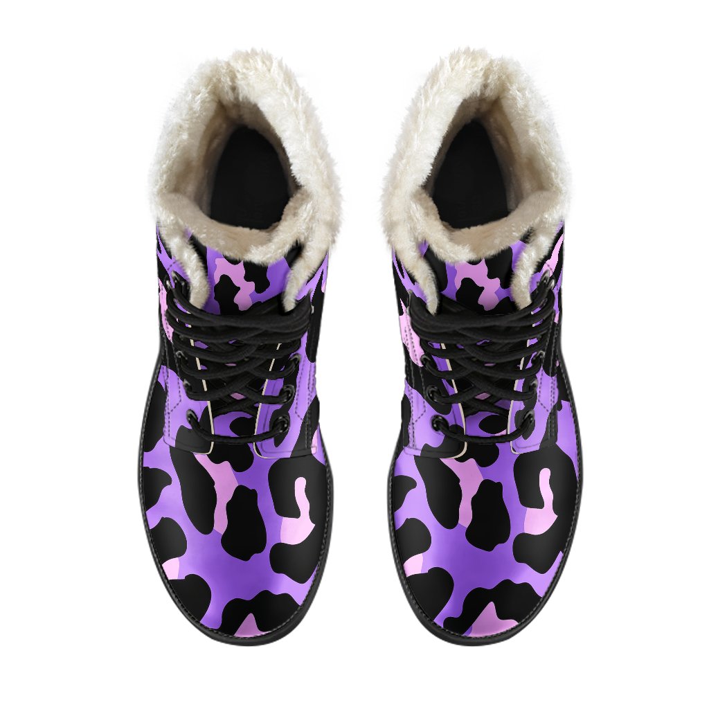 Cheetah Purple Neon Print Pattern Faux Fur Leather Boots-JTAMIGO.COM