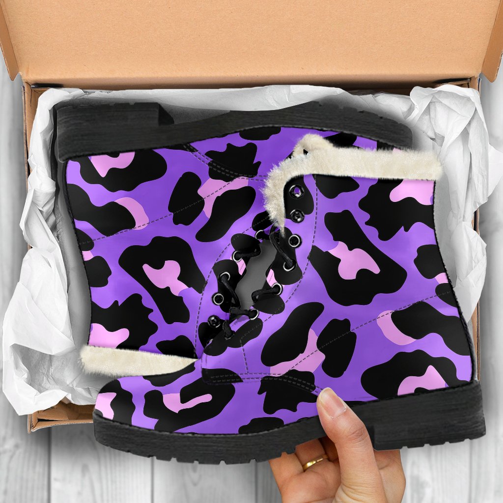 Cheetah Purple Neon Print Pattern Faux Fur Leather Boots-JTAMIGO.COM