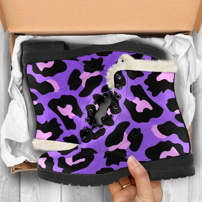 Cheetah Purple Neon Print Pattern Faux Fur Leather Boots-JTAMIGO.COM