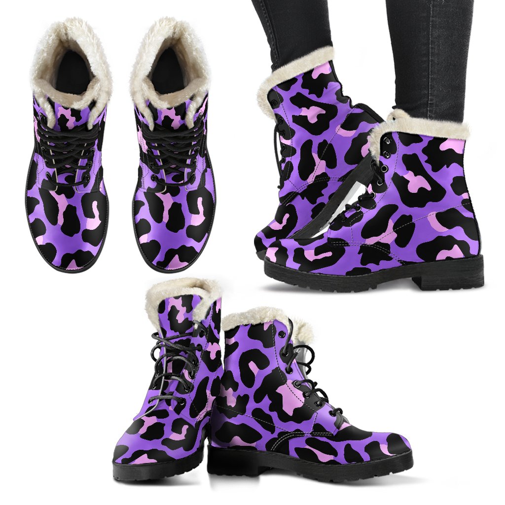 Cheetah Purple Neon Print Pattern Faux Fur Leather Boots-JTAMIGO.COM