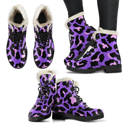 Cheetah Purple Neon Print Pattern Faux Fur Leather Boots-JTAMIGO.COM