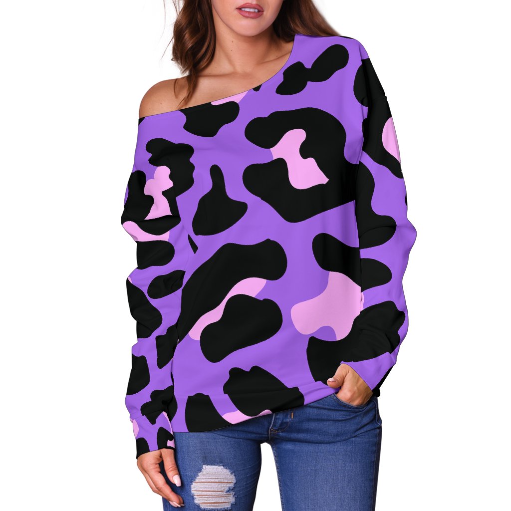 Cheetah Purple Neon Print Pattern Off Shoulder Sweatshirt