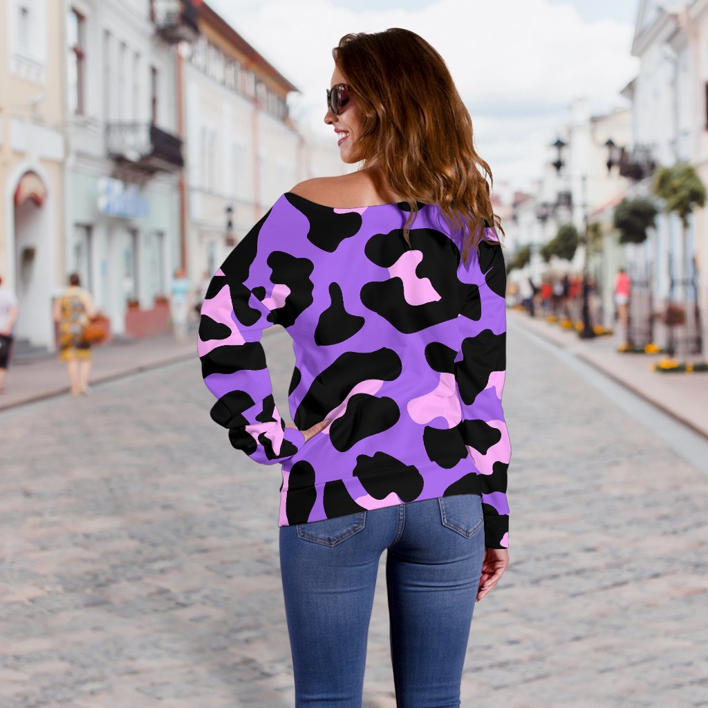 Cheetah Purple Neon Print Pattern Off Shoulder Sweatshirt