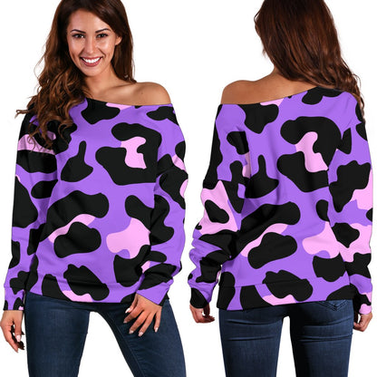 Cheetah Purple Neon Print Pattern Off Shoulder Sweatshirt