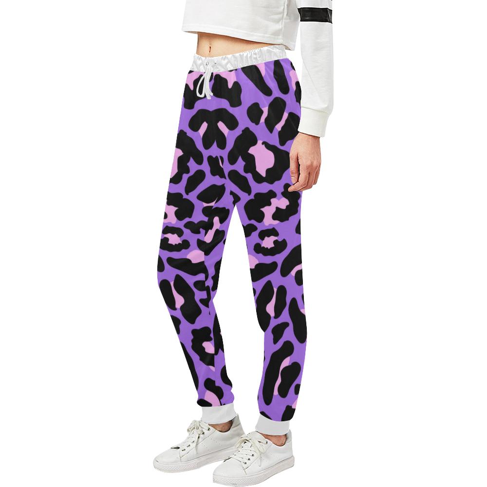 Cheetah Purple Neon Print Pattern Unisex Casual Sweatpants (Model L11)-JTAMIGO.COM