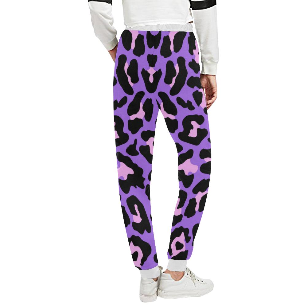 Cheetah Purple Neon Print Pattern Unisex Casual Sweatpants (Model L11)-JTAMIGO.COM