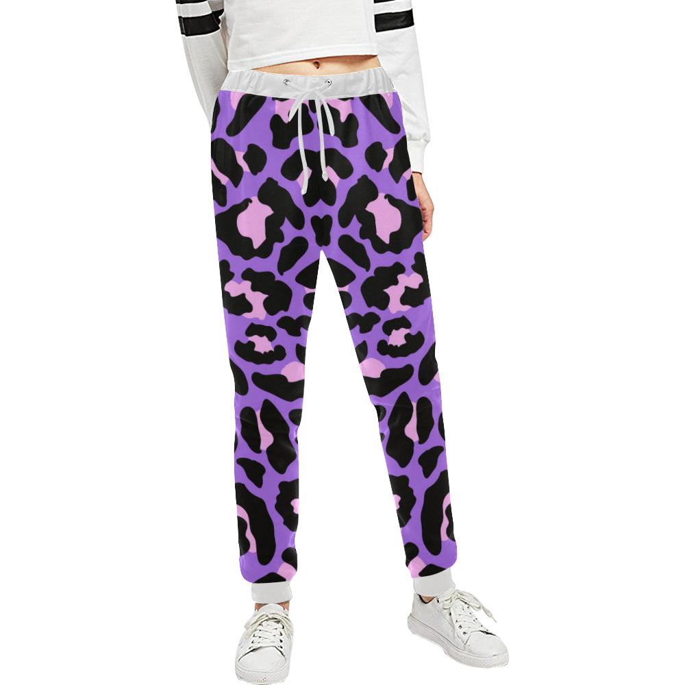 Cheetah Purple Neon Print Pattern Unisex Casual Sweatpants (Model L11)-JTAMIGO.COM