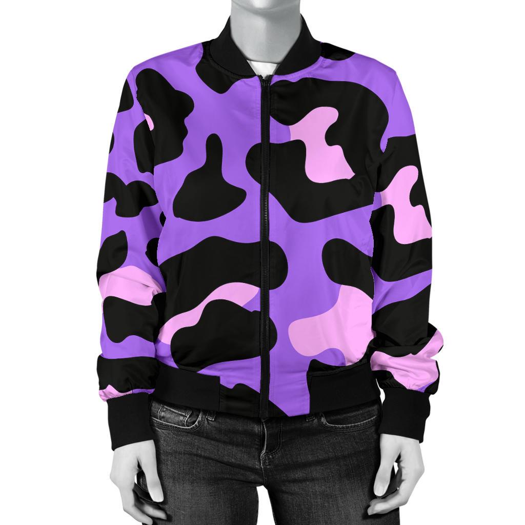 Cheetah Purple Neon Print Pattern Women Casual Bomber Jacket