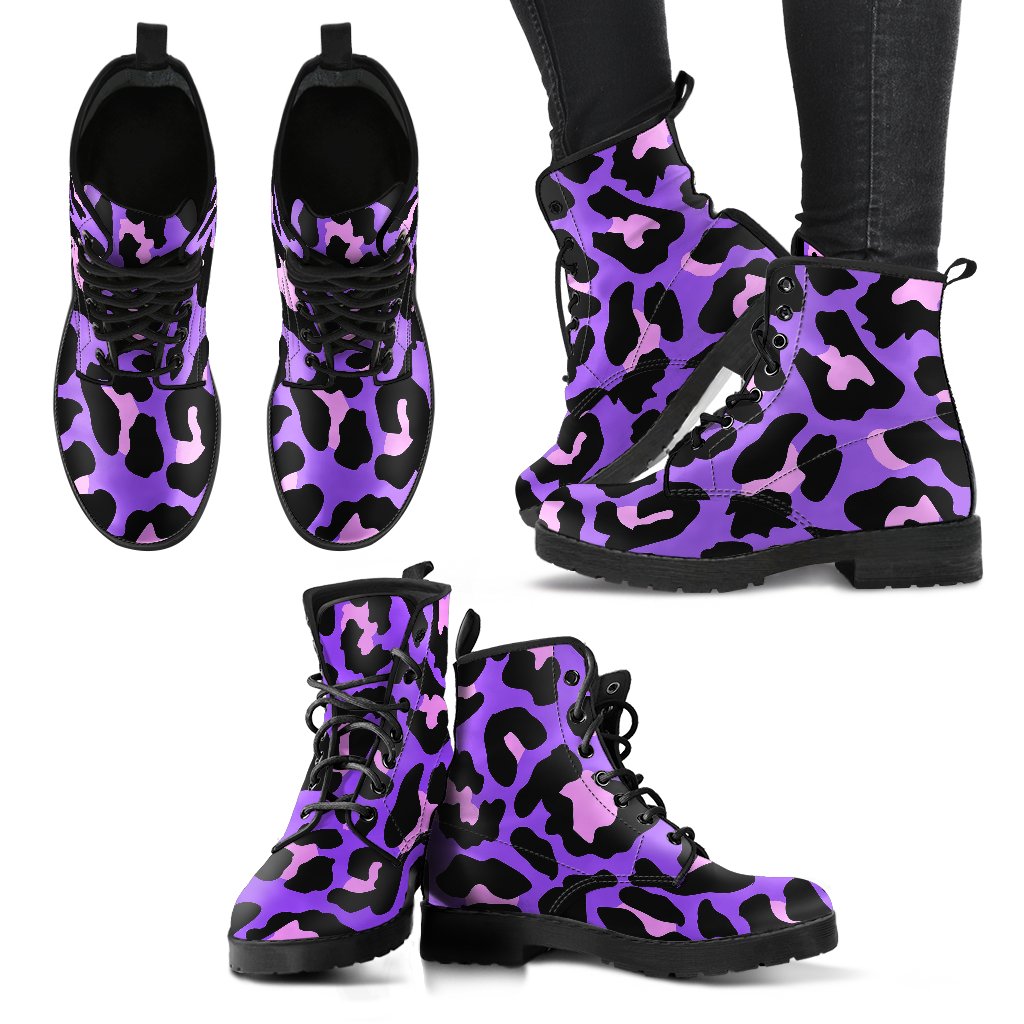 Cheetah Purple Neon Print Pattern Women Leather Boots-JTAMIGO.COM