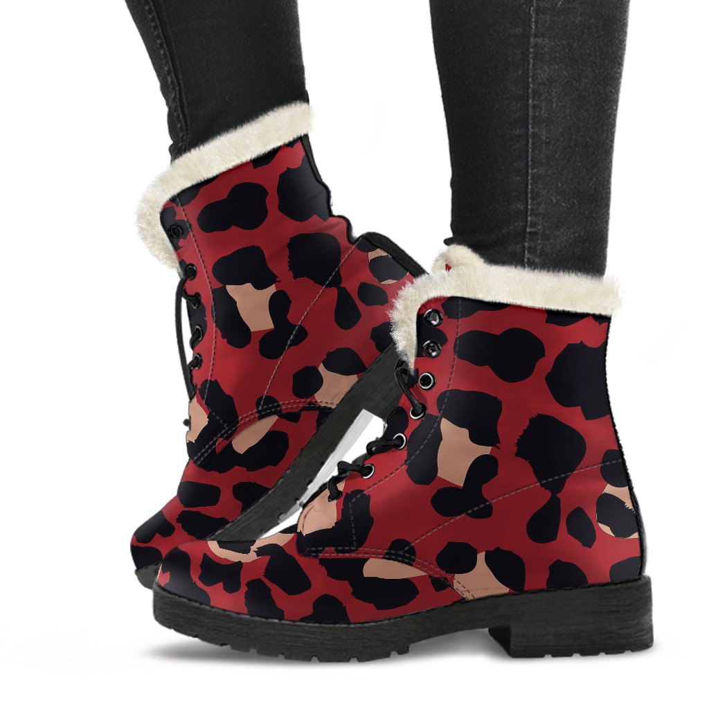 Cheetah Red Print Pattern Faux Fur Leather Boots-JTAMIGO.COM