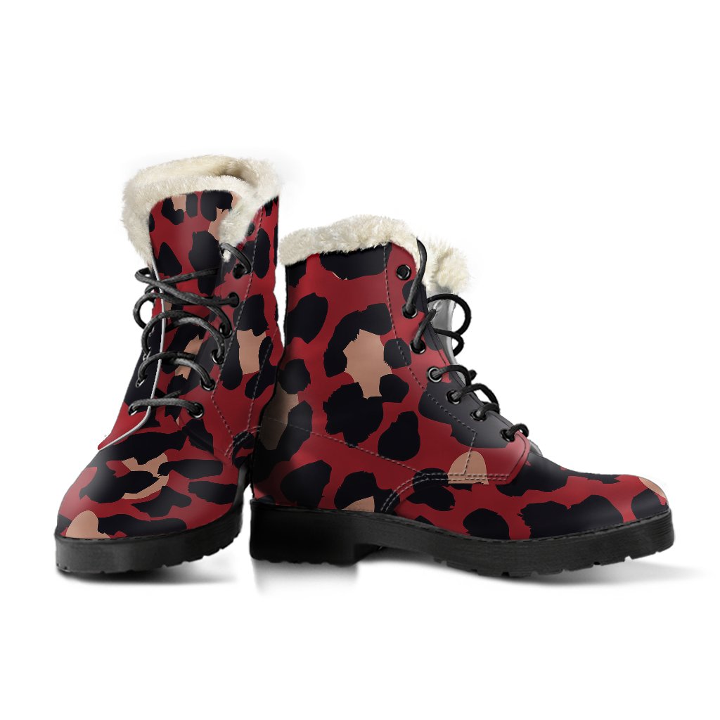Cheetah Red Print Pattern Faux Fur Leather Boots-JTAMIGO.COM