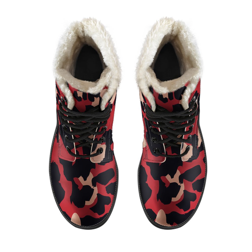 Cheetah Red Print Pattern Faux Fur Leather Boots-JTAMIGO.COM