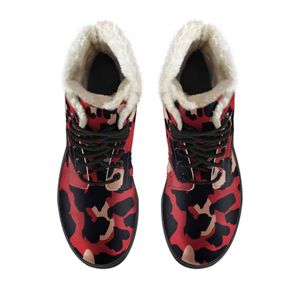 Cheetah Red Print Pattern Faux Fur Leather Boots-JTAMIGO.COM