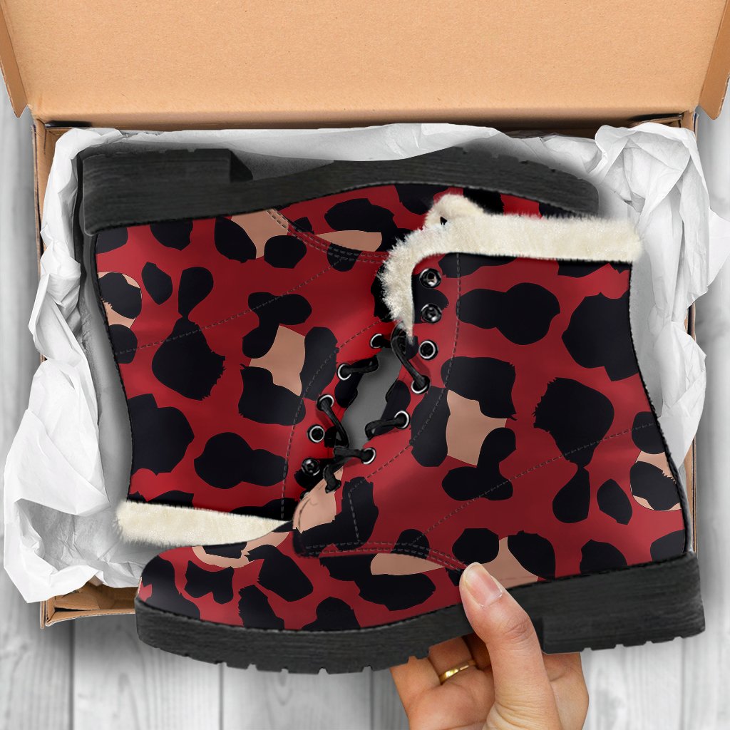 Cheetah Red Print Pattern Faux Fur Leather Boots-JTAMIGO.COM