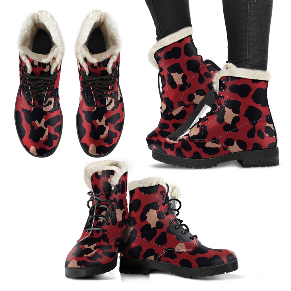 Cheetah Red Print Pattern Faux Fur Leather Boots-JTAMIGO.COM