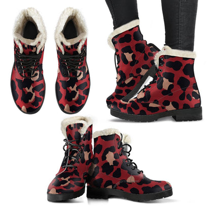 Cheetah Red Print Pattern Faux Fur Leather Boots-JTAMIGO.COM