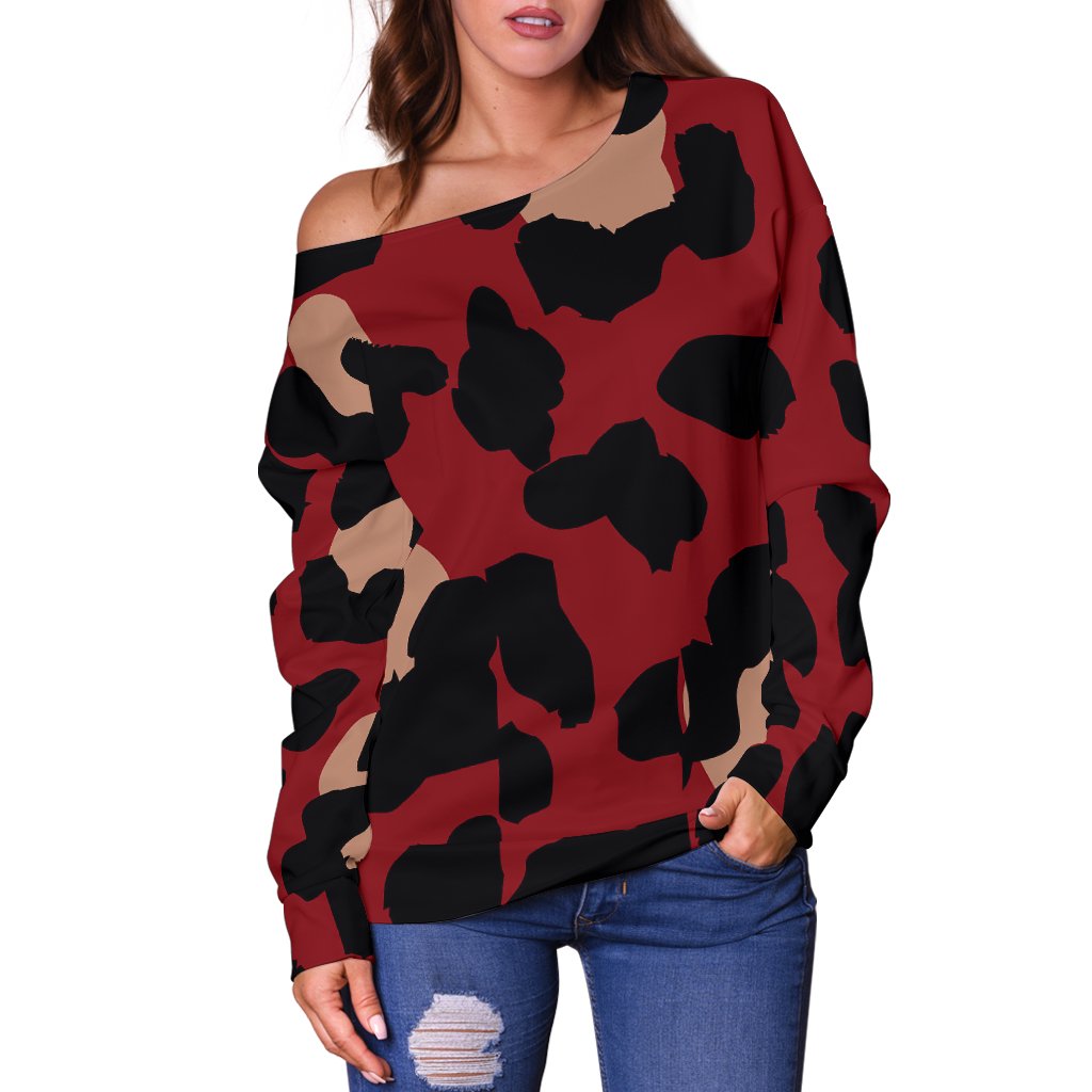 Cheetah Red Print Pattern Off Shoulder Sweatshirt