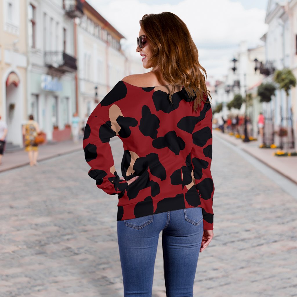 Cheetah Red Print Pattern Off Shoulder Sweatshirt