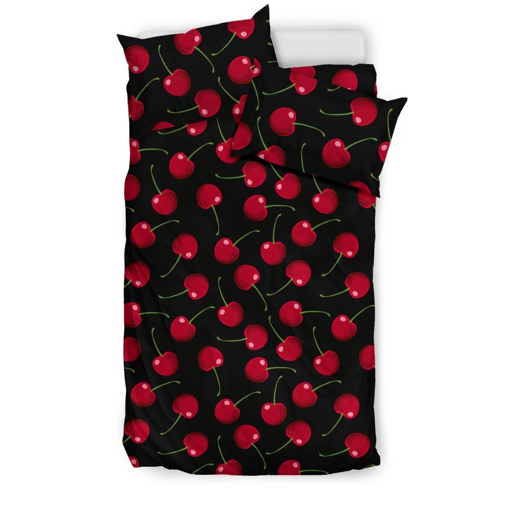 Cherry Black Background Duvet Cover Bedding Set