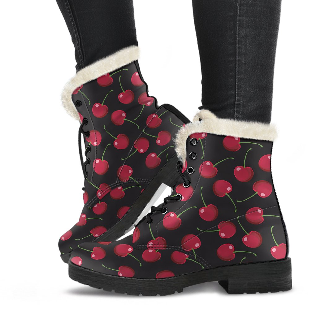 Cherry Black Background Faux Fur Leather Boots-JTAMIGO.COM