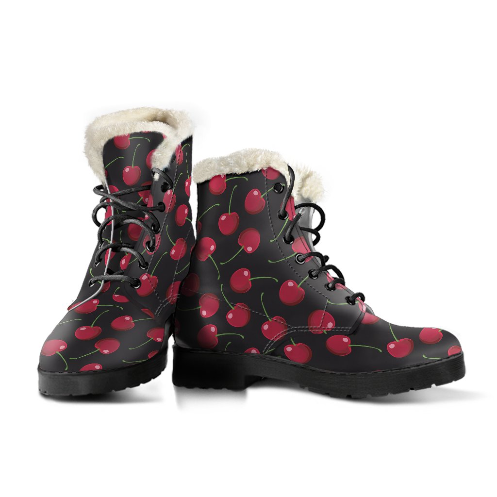 Cherry Black Background Faux Fur Leather Boots-JTAMIGO.COM