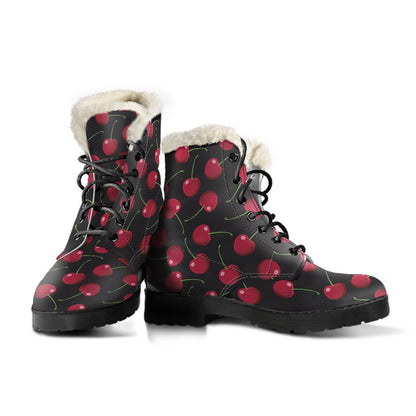Cherry Black Background Faux Fur Leather Boots-JTAMIGO.COM