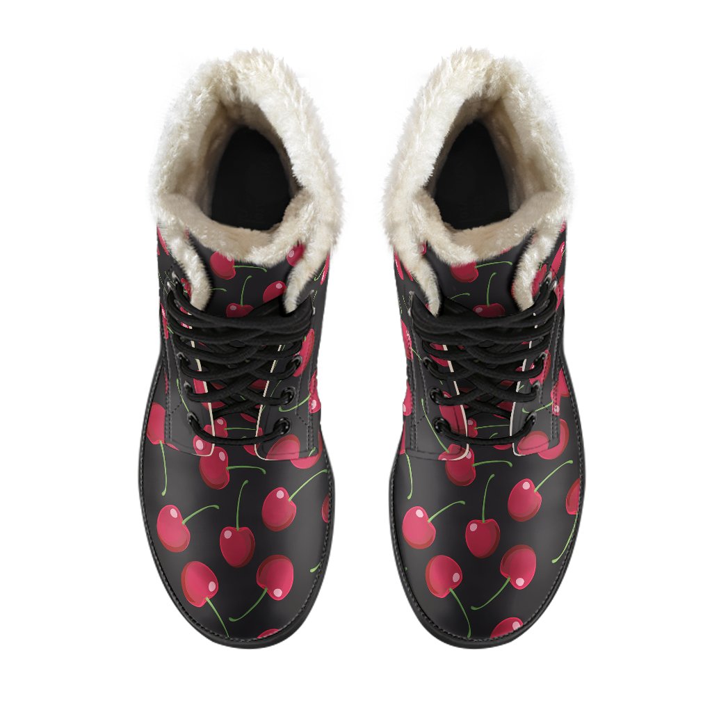 Cherry Black Background Faux Fur Leather Boots-JTAMIGO.COM