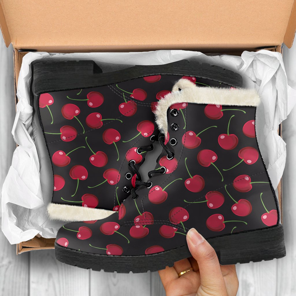 Cherry Black Background Faux Fur Leather Boots-JTAMIGO.COM
