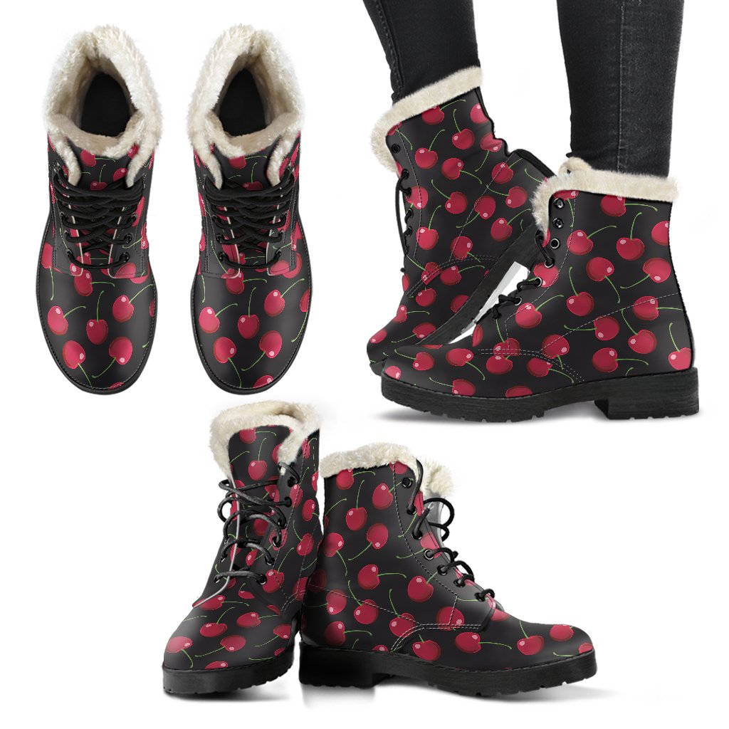 Cherry Black Background Faux Fur Leather Boots-JTAMIGO.COM