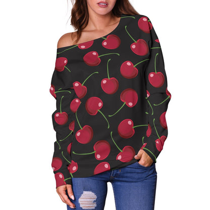 Cherry Black Background Off Shoulder Sweatshirt