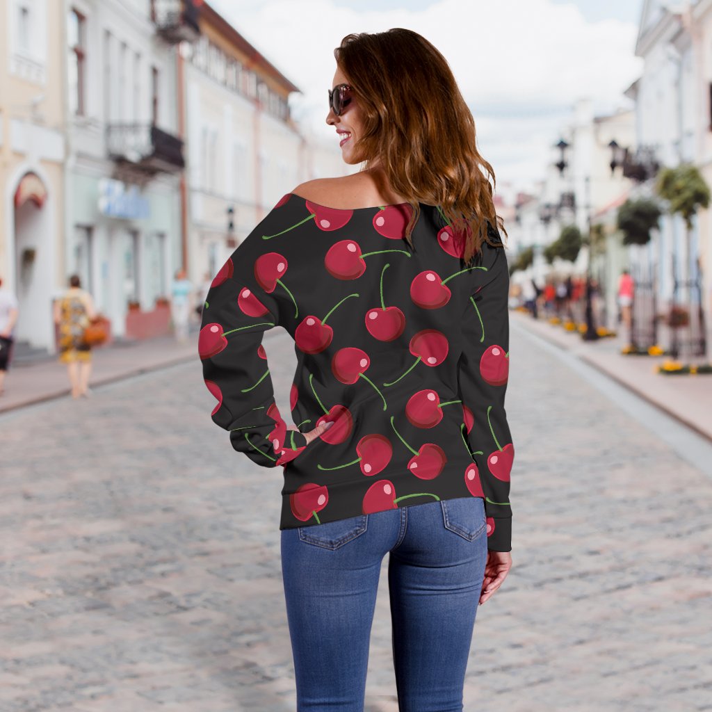 Cherry Black Background Off Shoulder Sweatshirt
