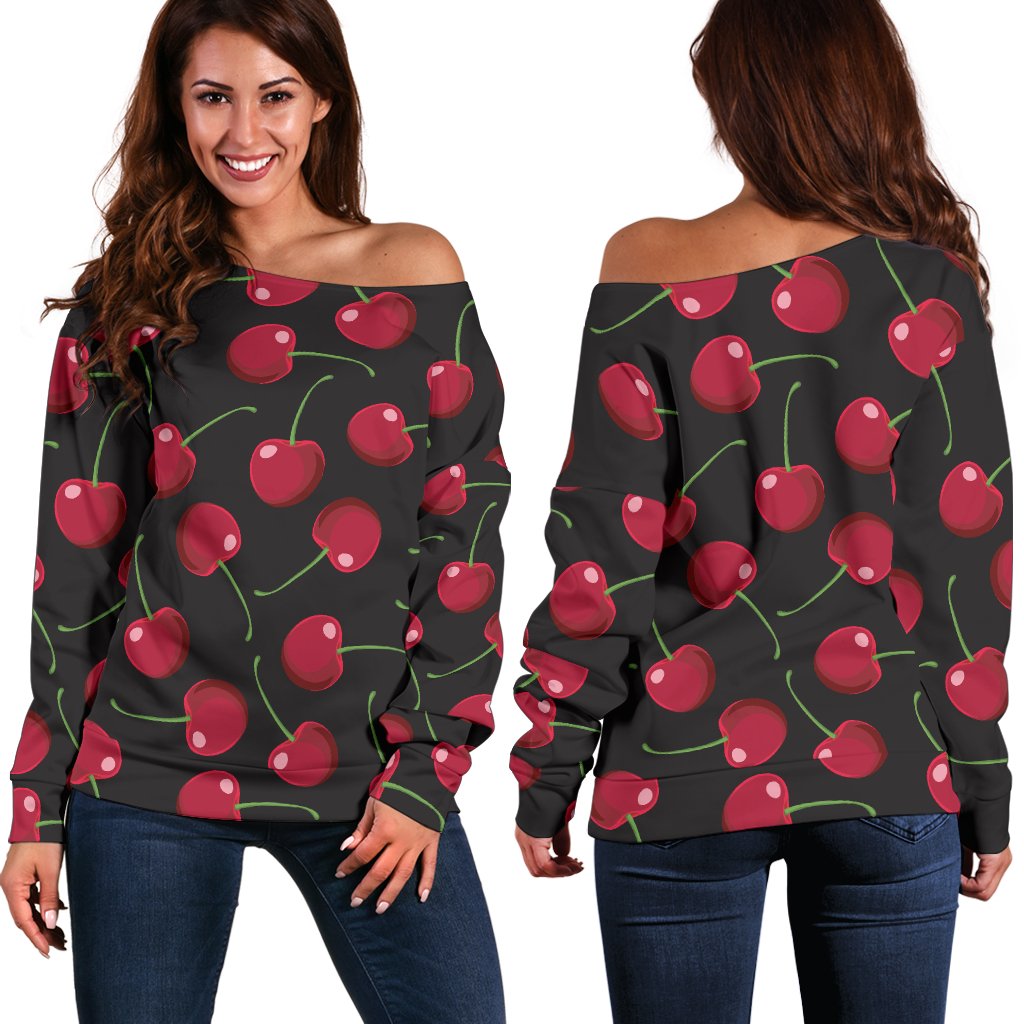 Cherry Black Background Off Shoulder Sweatshirt