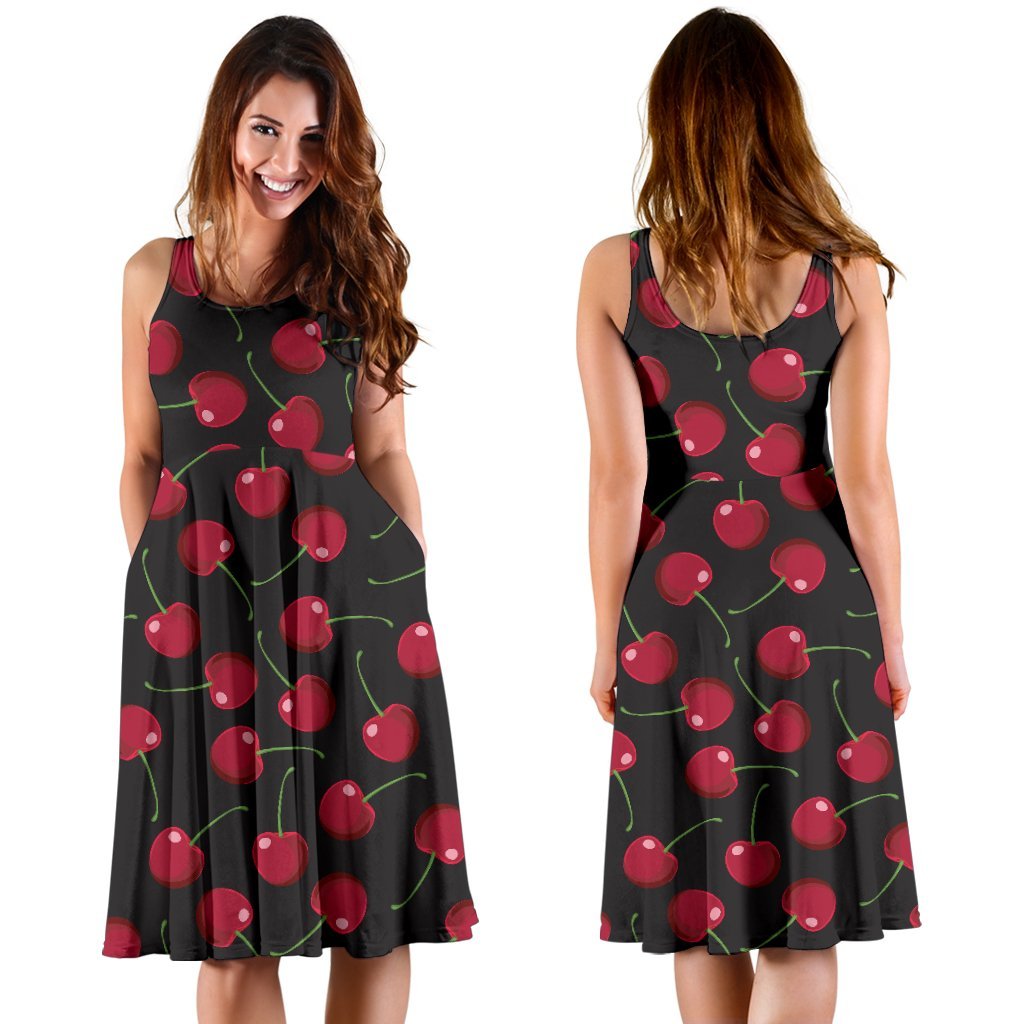 Cherry Black Background Sleeveless Dress