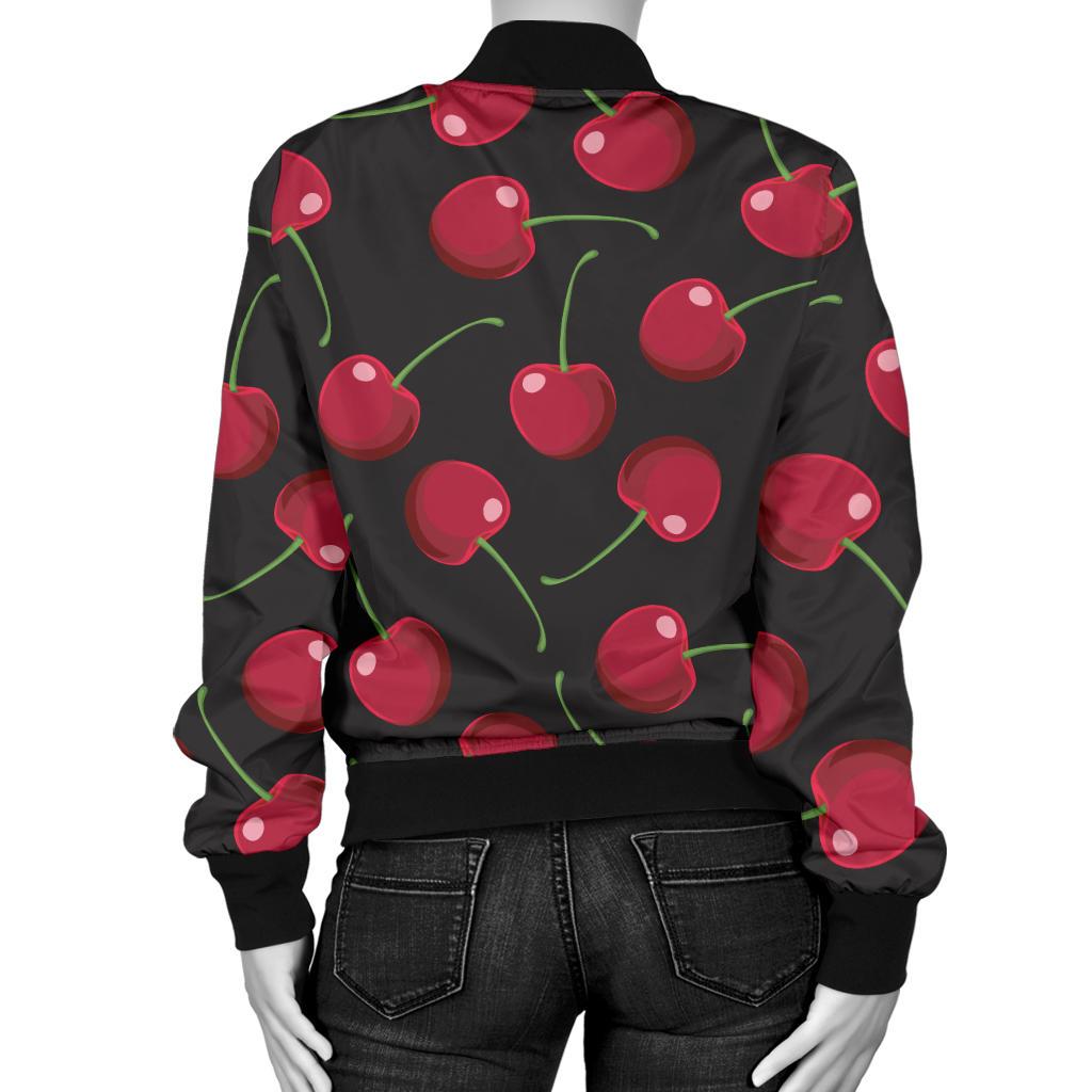 Cherry Black Background Women Casual Bomber Jacket