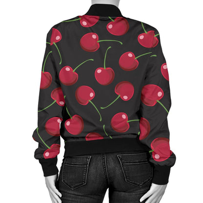 Cherry Black Background Women Casual Bomber Jacket