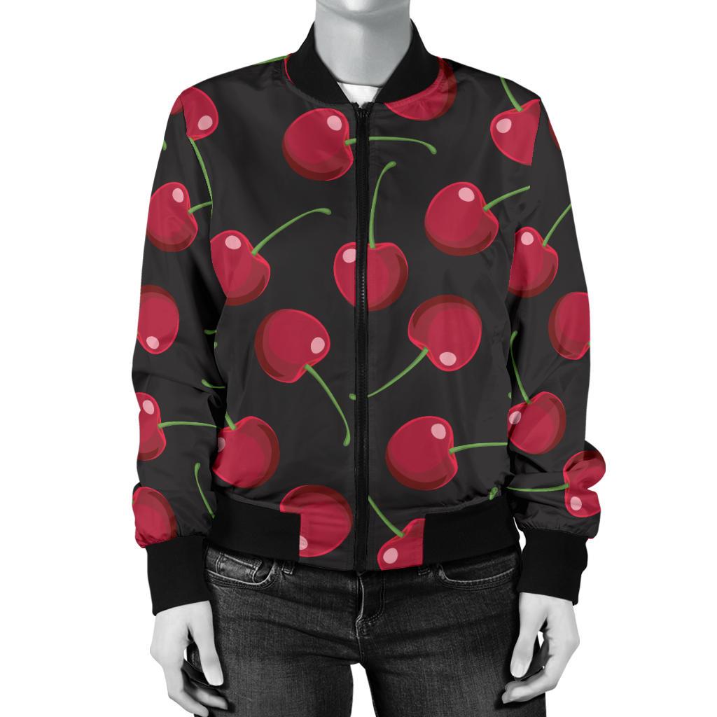 Cherry Black Background Women Casual Bomber Jacket